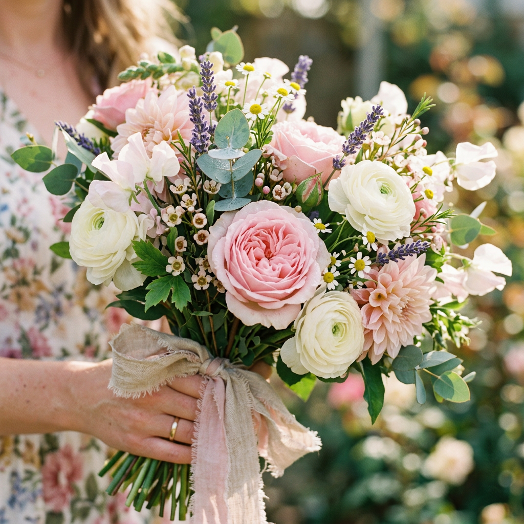 Bouquet of pink roses, white ranunculus, lavender, daisies, and green foliage tied with a frayed beige ribbon