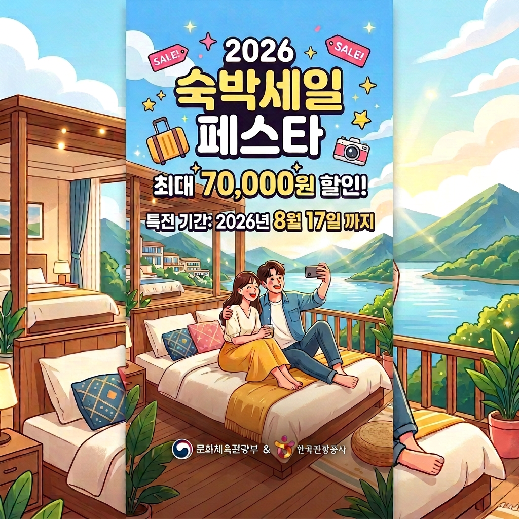 커플이 자연 경관이 보이는 숙소 발코니에서 셀카를 찍는 모습과 2024 숙박세일 페스타 최대 5만원 할인 안내
