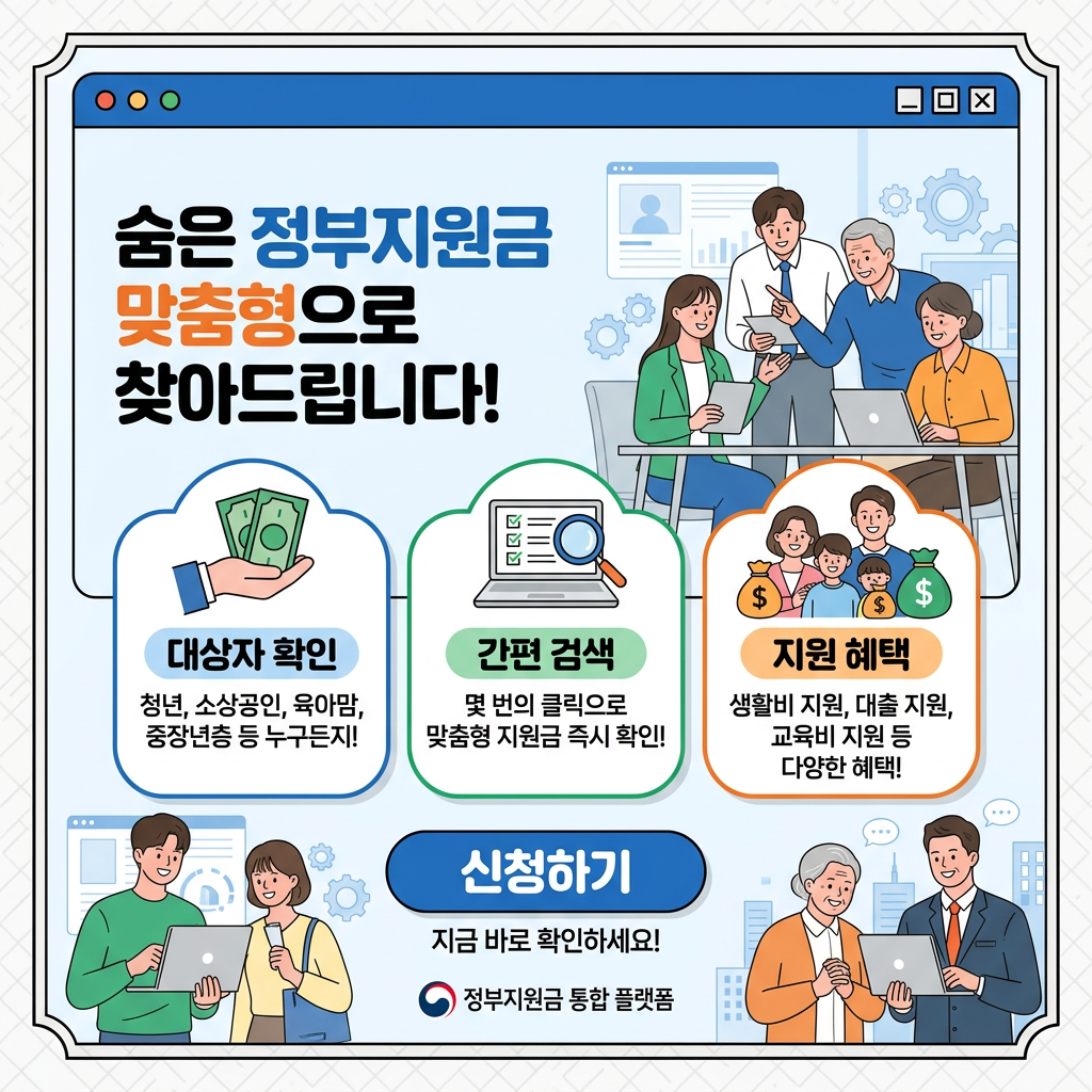 숨은 정부지원금 맞춤형으로 찾아드립니다, 대상자 확인 청년 소상공인 육아맘 중장년층 등, 간편 검색 맞춤형 지원금 즉시 확인, 지원 혜택 생활비 대출 교육비 지원, 신청하기 지금 바로 확인하세요