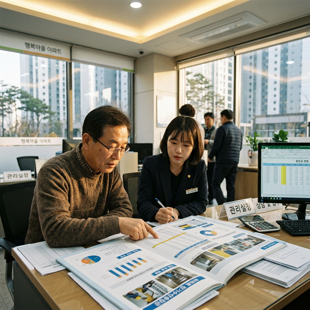 Resident and staff member reviewing apartment management documents at a Korean office