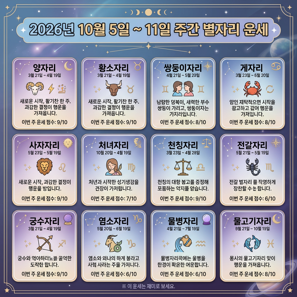 2026년 10월 5일~11일 주간 별자리 운세: 양자리 9/10, 황소자리 9/10, 쌍둥이자리 8/10, 게자리 8/10, 사자자리 9/10, 처녀자리 7/10, 천칭자리 9/10, 전갈자리 6/10, 궁수자리 9/10, 염소자리 6/10, 물병자리 6/10, 물고기자리 8/10.