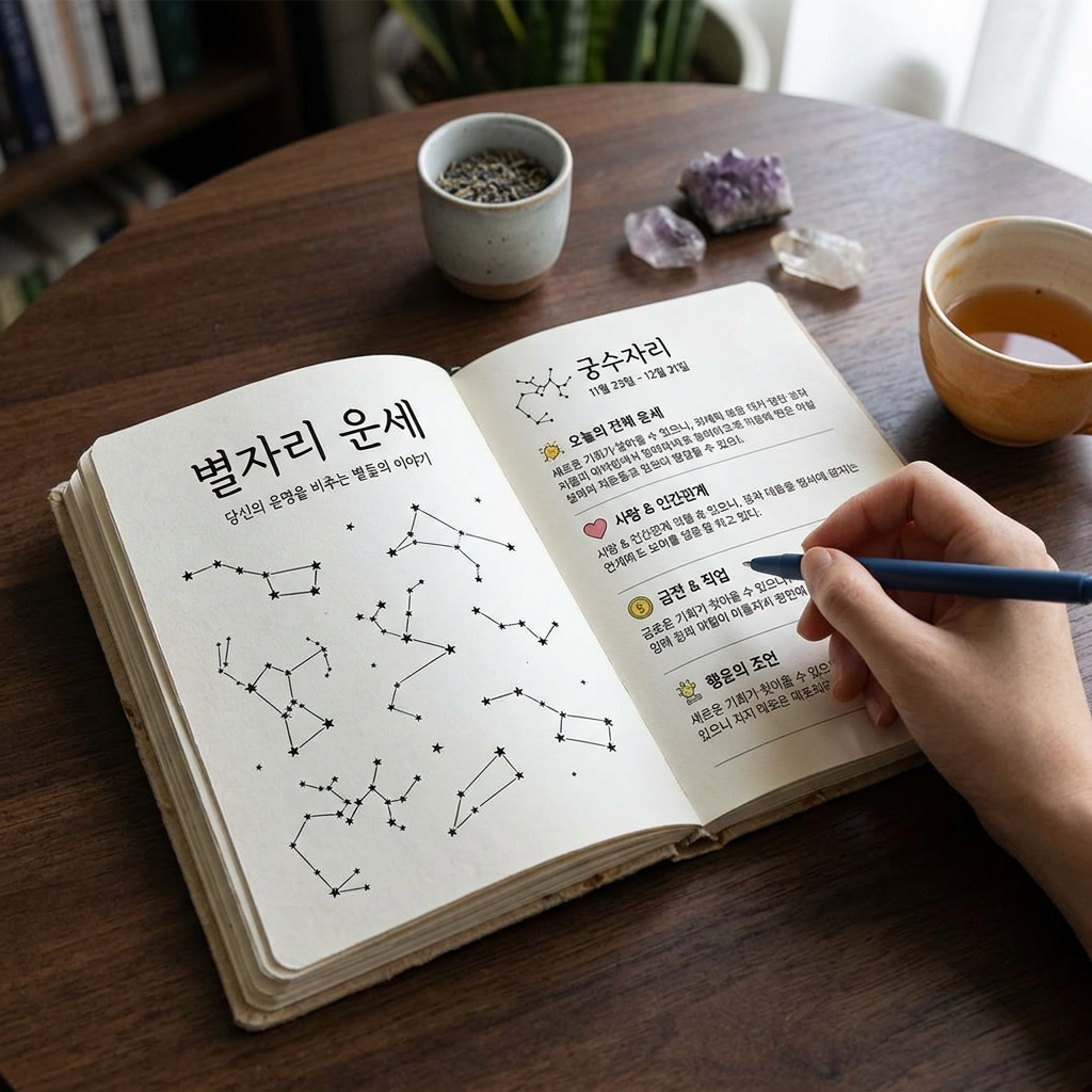 Open Korean horoscope book titled 별자리 운세, showing 궁수자리 guidance while a hand writes beside tea and crystals