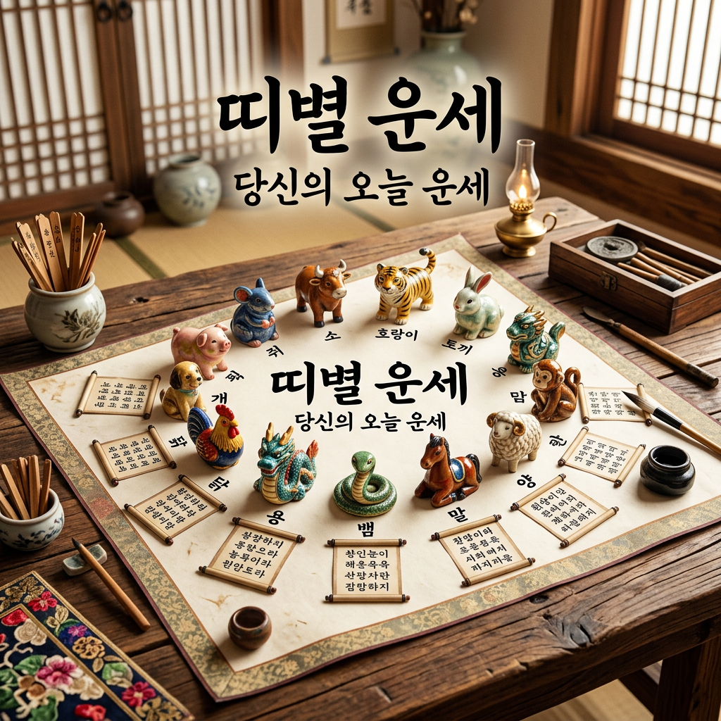 Korean text reading 띠별 운세 and 당신의 오늘 운세 surrounds twelve zodiac animal figurines.